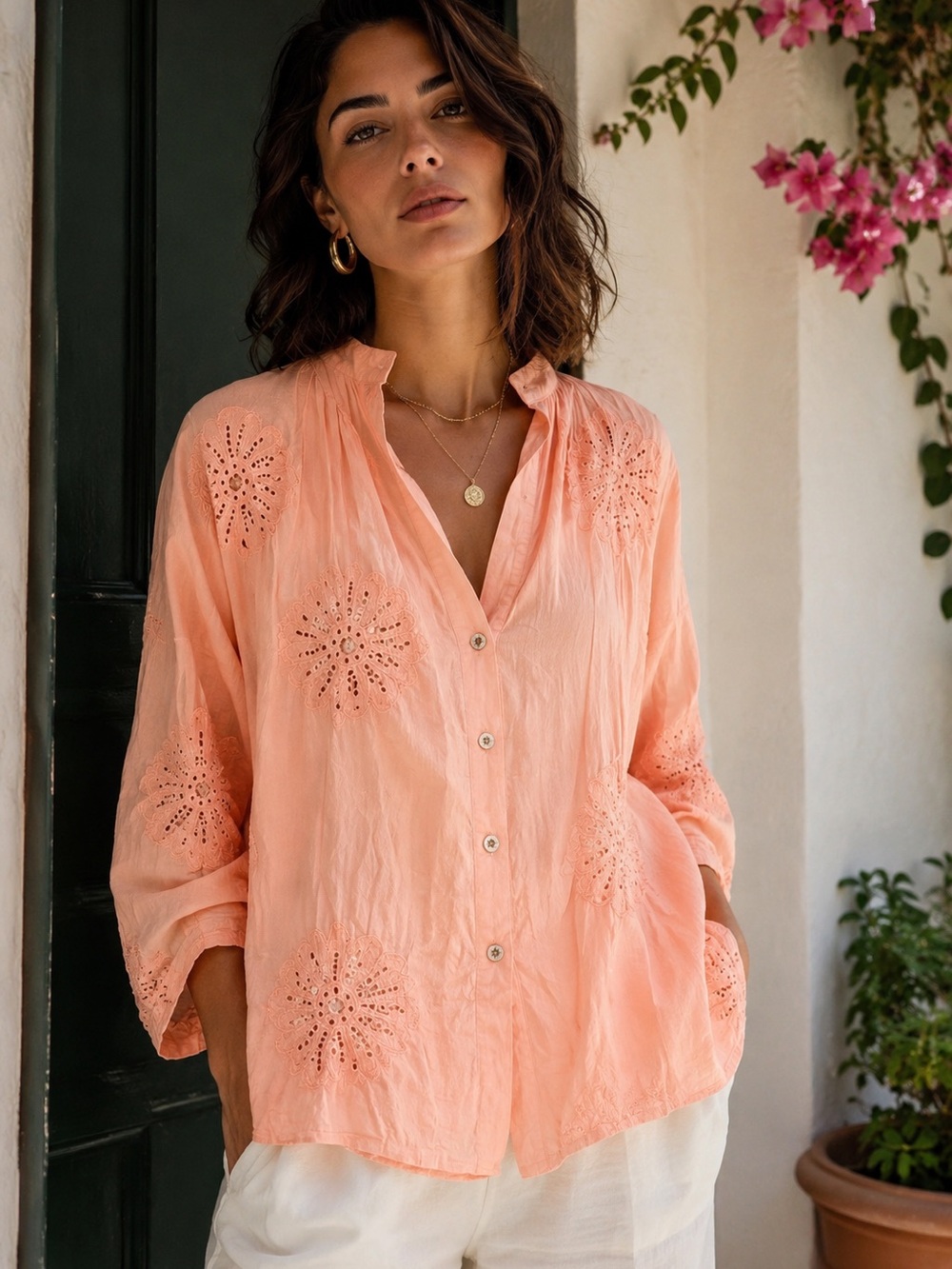 IT199. From Italy 🇮🇹 Sequin Embroidered Button-Front Blouse
